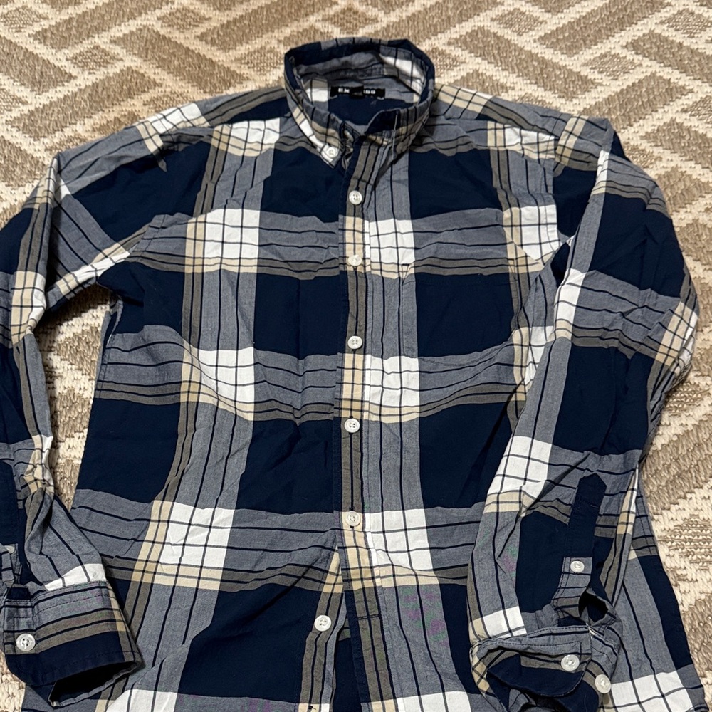 Express Men's Navy, Tan and White plaid button down shirt XS - Picture 1 of 6